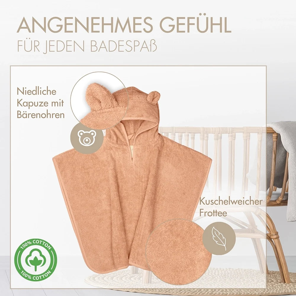 Baby Badeponcho 75x75 cm – „Puder“ mit niedlichen Bärenohren