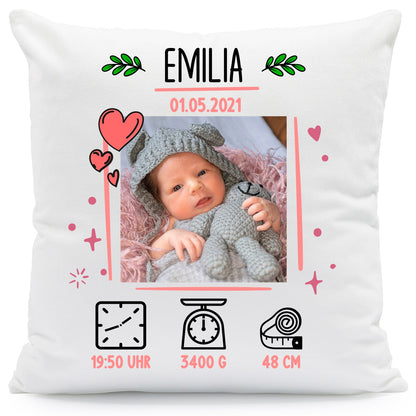 Bedrucktes Kissen mit Babyfoto und Geburtsdaten
