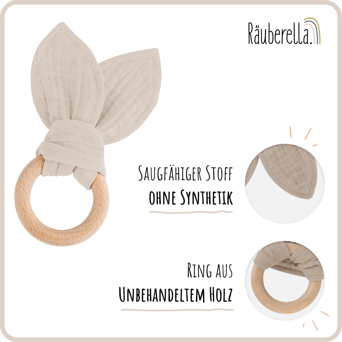 Baby Geschenkset Beige – Schmusetuch Hase, Holz-Beißring & Halstuch aus Musselin