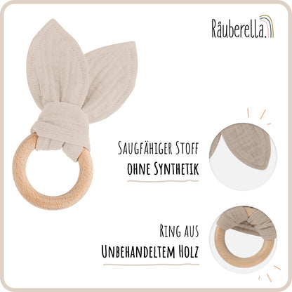 Baby Geschenkset Beige – Schmusetuch Hase, Holz-Beißring & Halstuch aus Musselin
