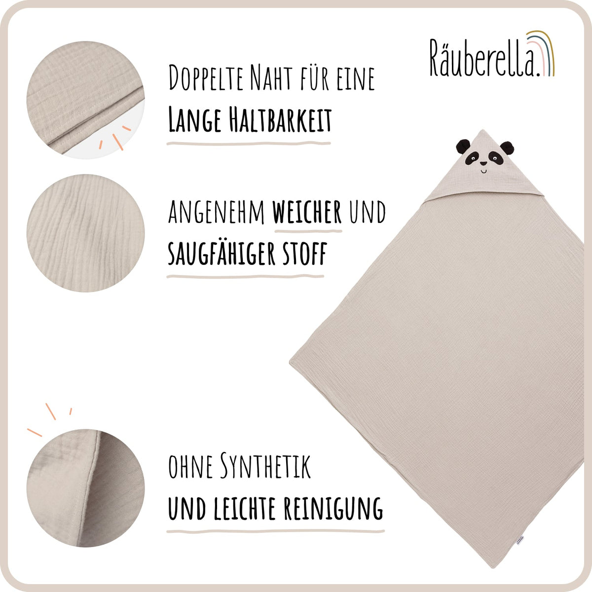 Kapuzenhandtuch Panda Baby, Beige 80x80 cm