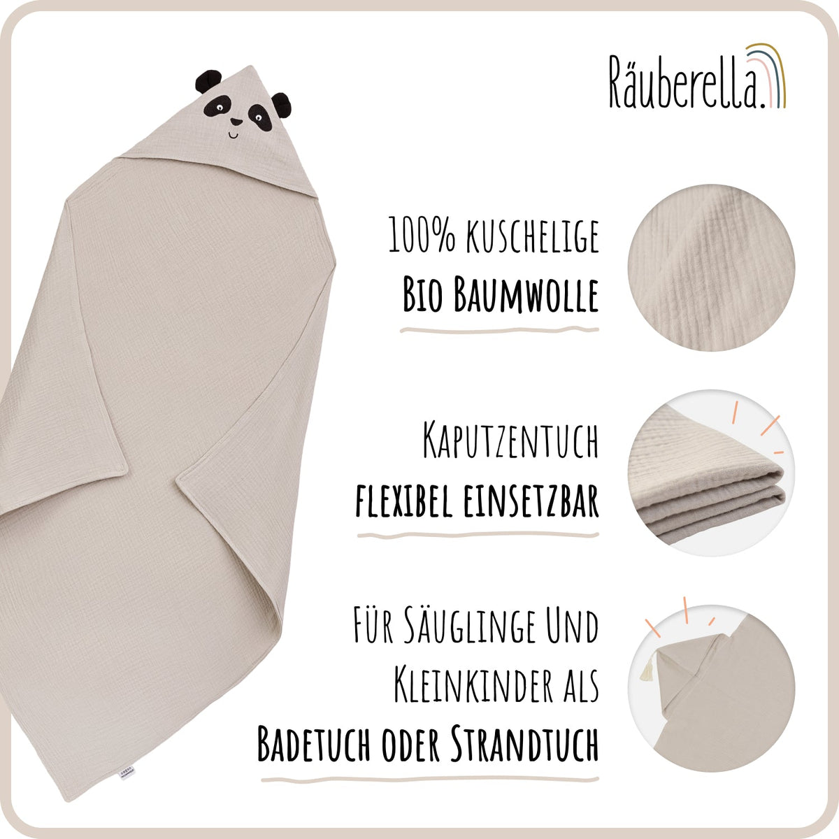 Kapuzenhandtuch Panda Baby, Beige 80x80 cm