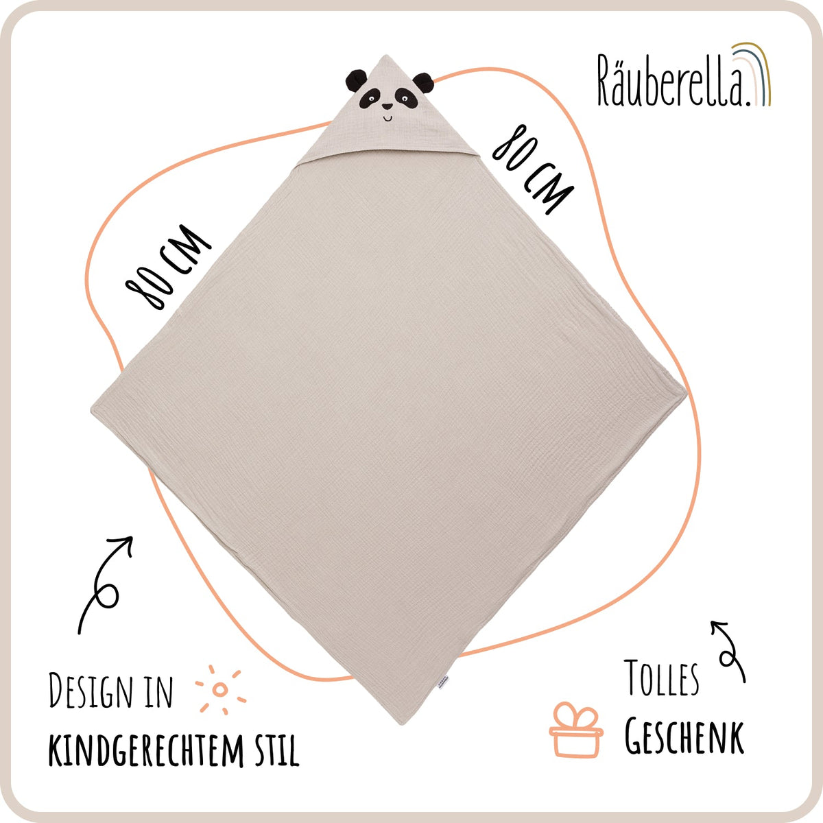 Kapuzenhandtuch Panda Baby, Beige 80x80 cm