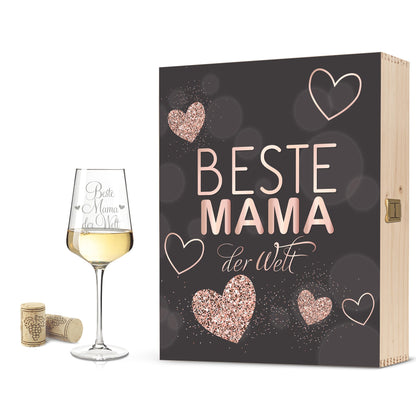 Leonardo Puccini Weißweinglas Beste Mama der Welt inkl. bedruckter Holzkiste + Riesling Tandem
