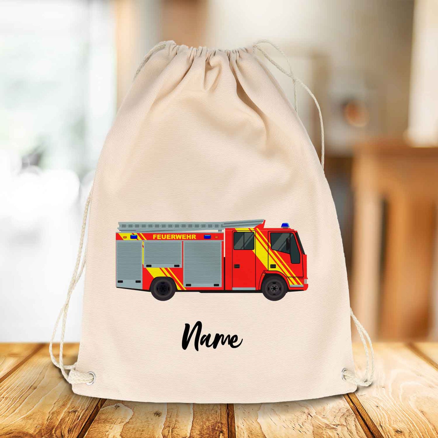 Bedruckter Turnbeutel für Kinder im Cartoon Feuerwehr Design