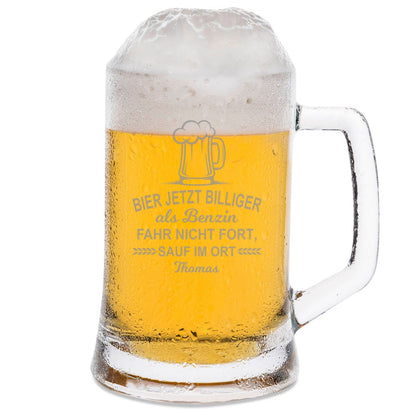 Montana Bierkrug mit Gravur "Bier jetzt billiger als Benzin" mit Namen