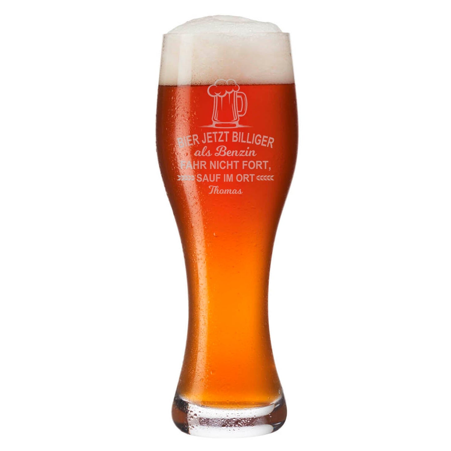 Leonardo Weizenglas "Bier jetzt billiger als Benzin" mit Namen