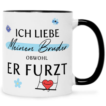 Bedruckte Tasse mit Spruch Ich liebe meinen Bruder obwohl er furzt