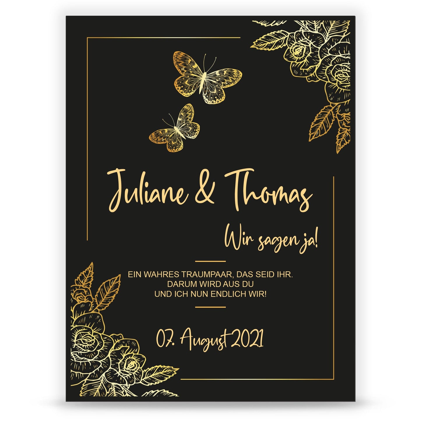 Hochzeitseinladungskarte im Black & Golden Butterflies Design