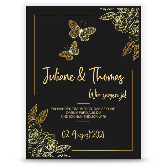 Hochzeitseinladungskarte im Black & Golden Butterflies Design