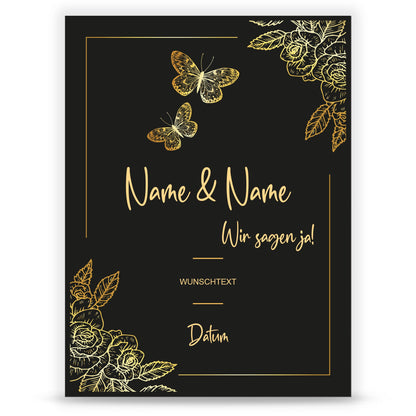 Hochzeitseinladungskarte im Black & Golden Butterflies Design