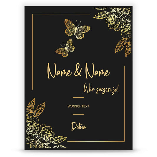 Hochzeitseinladungskarte im Black & Golden Butterflies Design