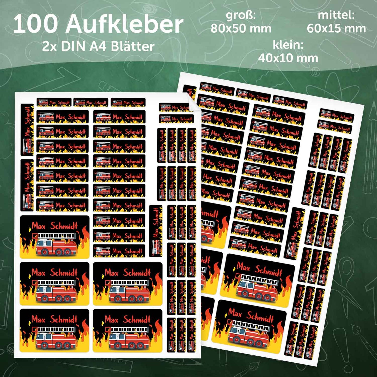 Schuletiketten mit Namen - Feuerwehr Design - 100 Aufkleber in verschiedenen Größen