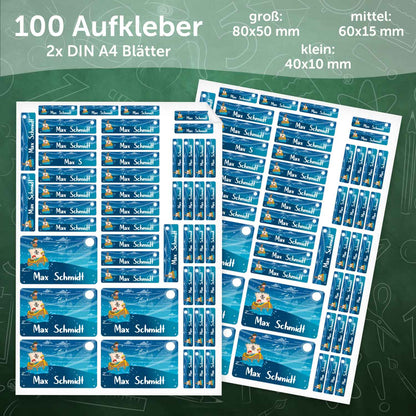 Schuletiketten mit Namen - Piraten Design - 100 Aufkleber in verschiedenen Größen