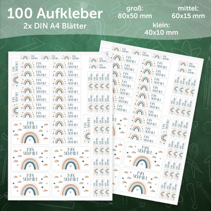 Schuletiketten mit Namen - Regenbogen Design - 100 Aufkleber in verschiedenen Größen