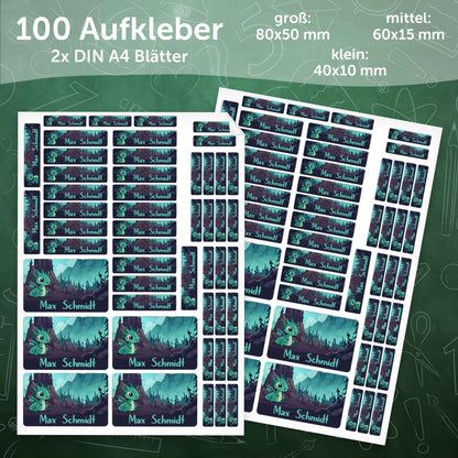 Schuletiketten mit Namen - Drachen Design - 100 Aufkleber in verschiedenen Größen