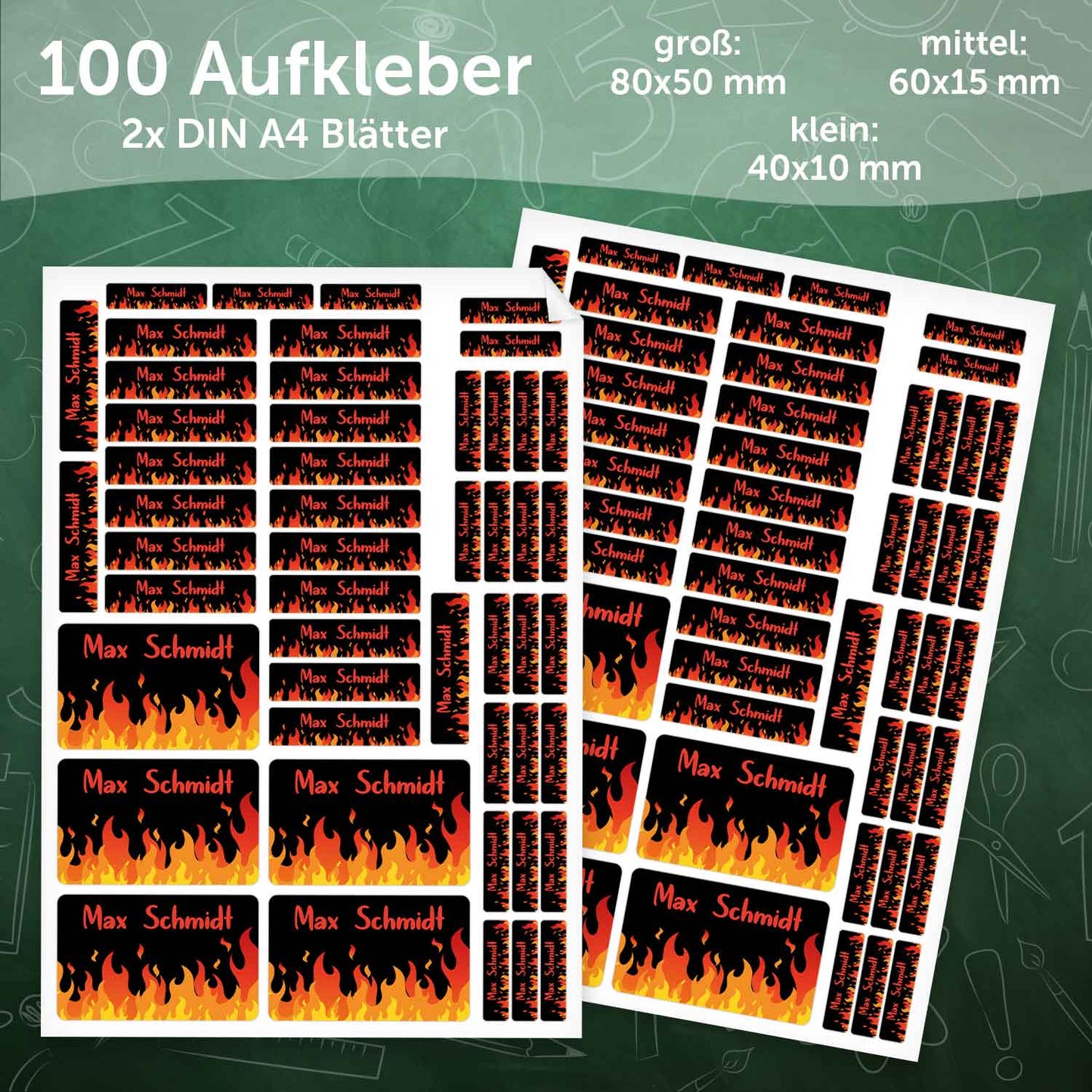 Schuletiketten mit Namen - Flammen Design - 100 Aufkleber in verschiedenen Größen