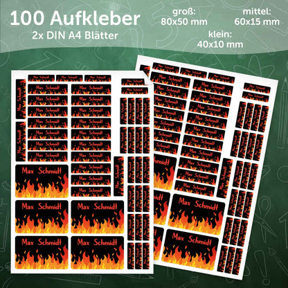 Schuletiketten mit Namen - Flammen Design - 100 Aufkleber in verschiedenen Größen