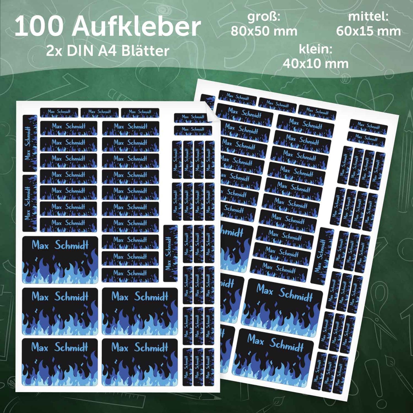 Schuletiketten mit Namen - Flammen Design - 100 Aufkleber in verschiedenen Größen