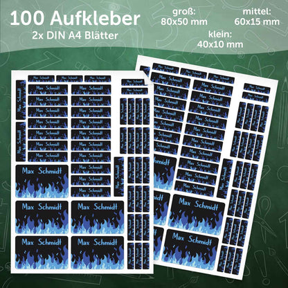 Schuletiketten mit Namen - Flammen Design - 100 Aufkleber in verschiedenen Größen