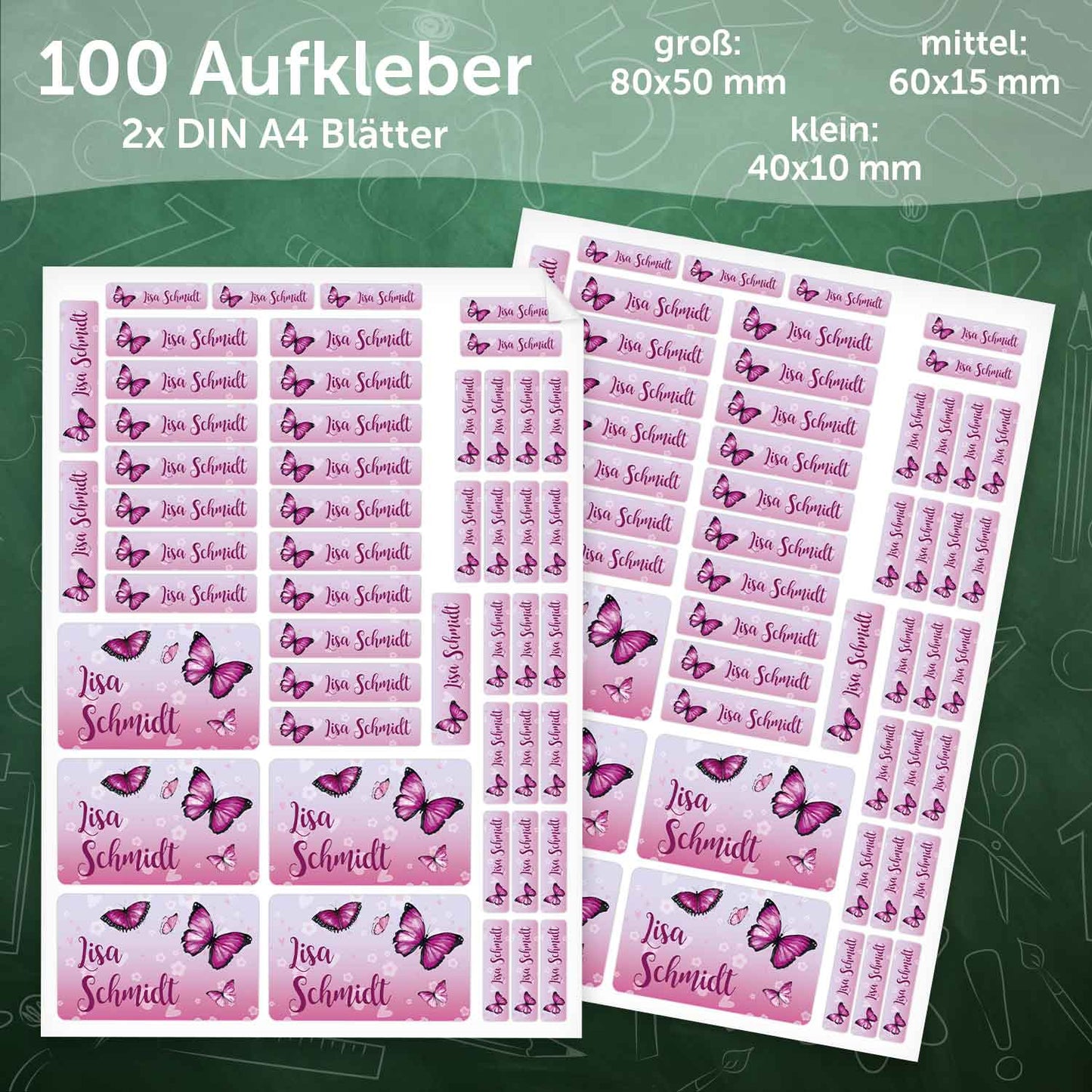 Schuletiketten mit Namen - Schmetterling Design - 100 Aufkleber in verschiedenen Größen