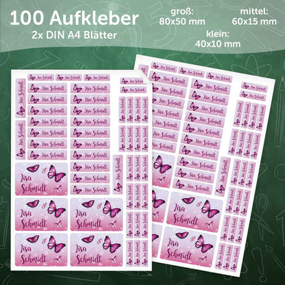 Schuletiketten mit Namen - Schmetterling Design - 100 Aufkleber in verschiedenen Größen