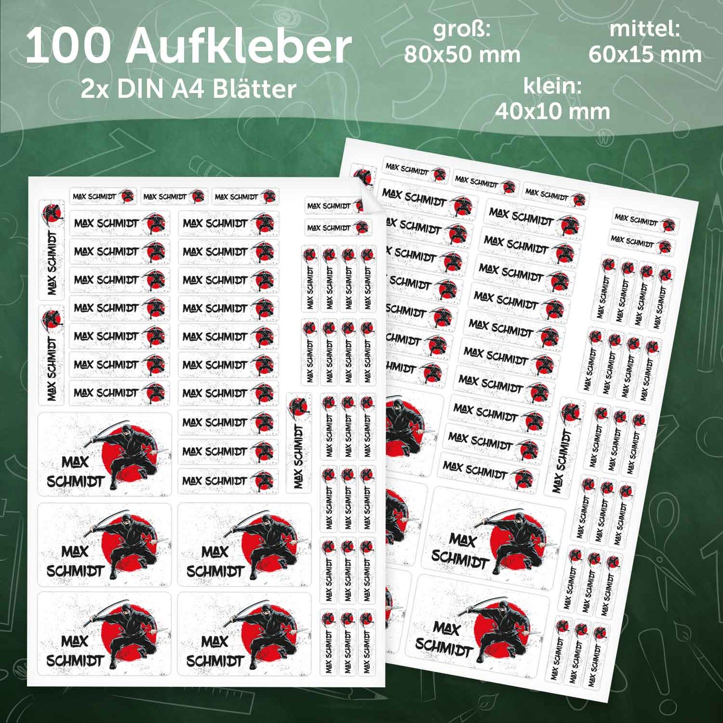 Schuletiketten mit Namen - Ninja Design - 100 Aufkleber in verschiedenen Größen