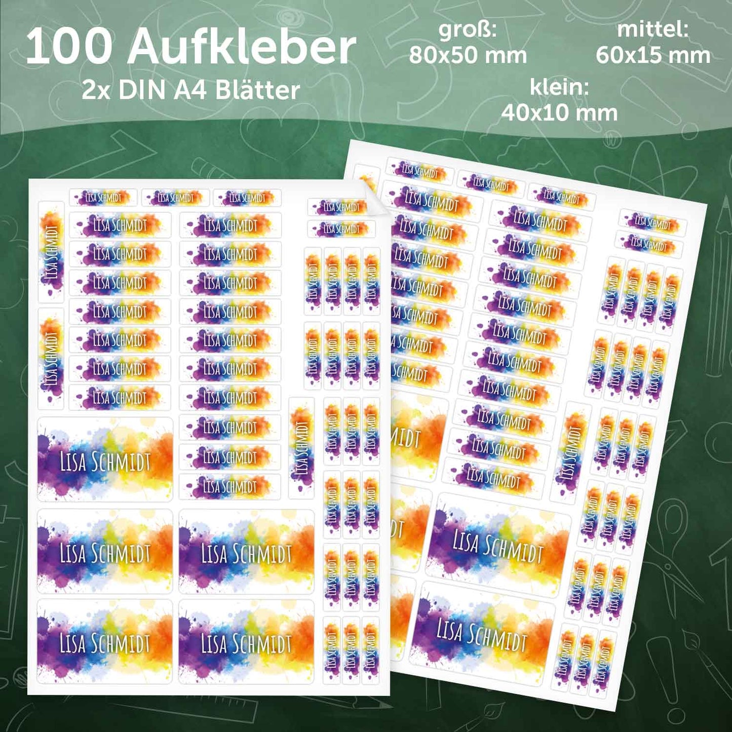 Schuletiketten mit Namen - Color Splash Design - 100 Aufkleber in verschiedenen Größen