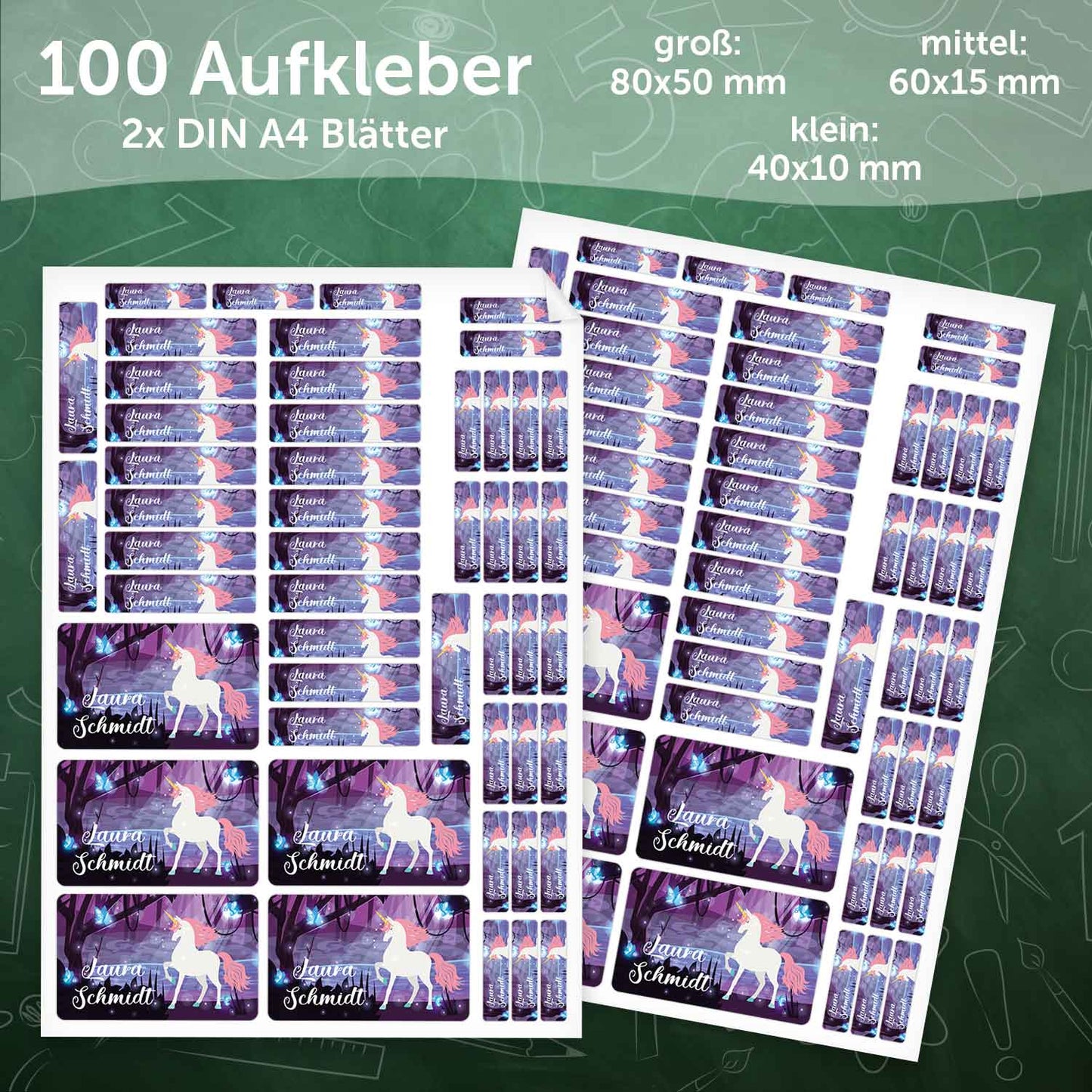 Schuletiketten mit Namen - Magischer Wald Design - 100 Aufkleber in verschiedenen Größen
