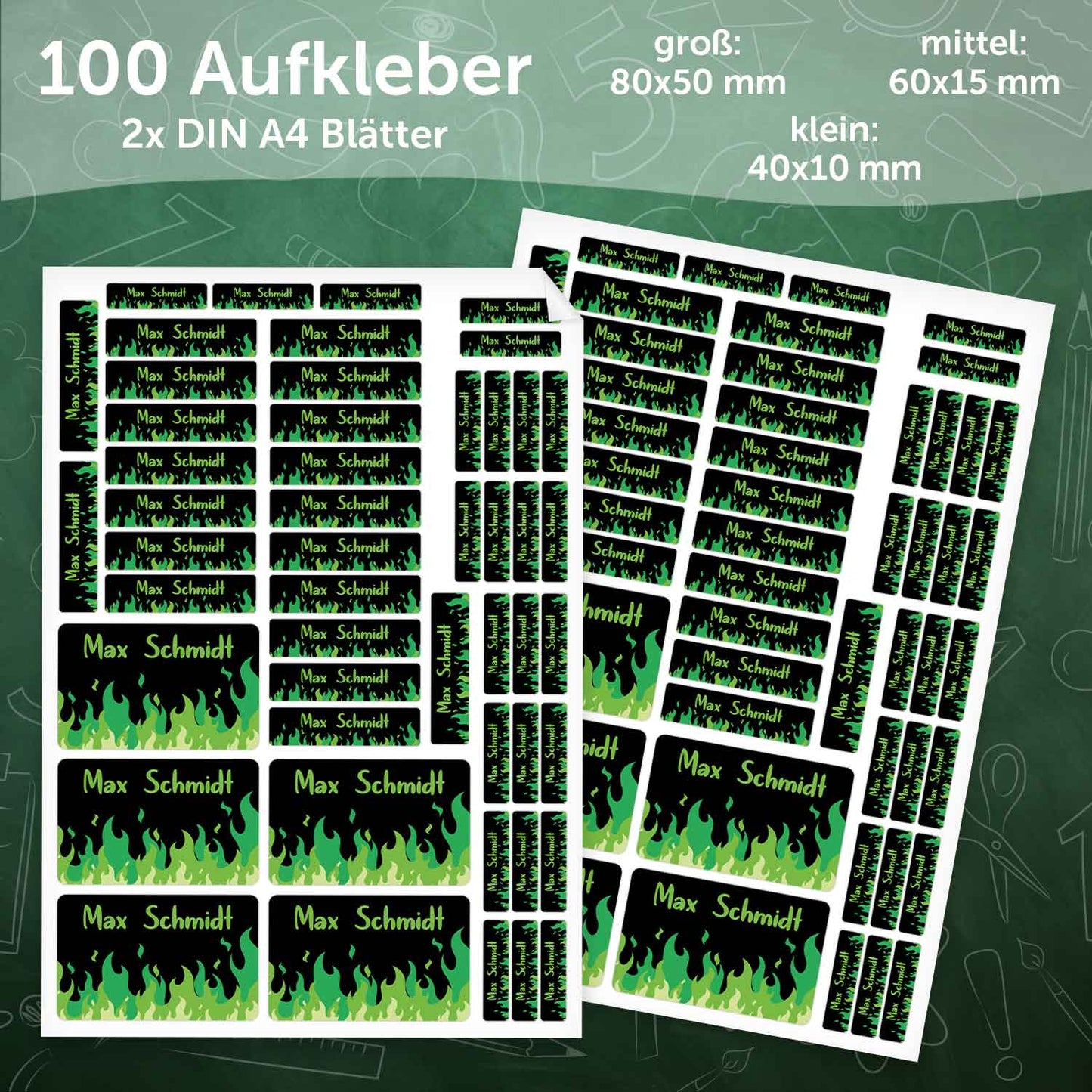Schuletiketten mit Namen - Flammen Design - 100 Aufkleber in verschiedenen Größen