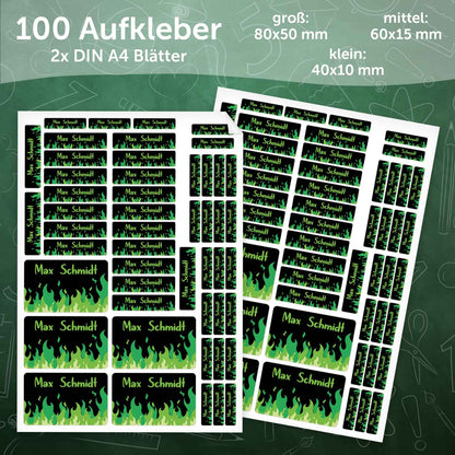Schuletiketten mit Namen - Flammen Design - 100 Aufkleber in verschiedenen Größen