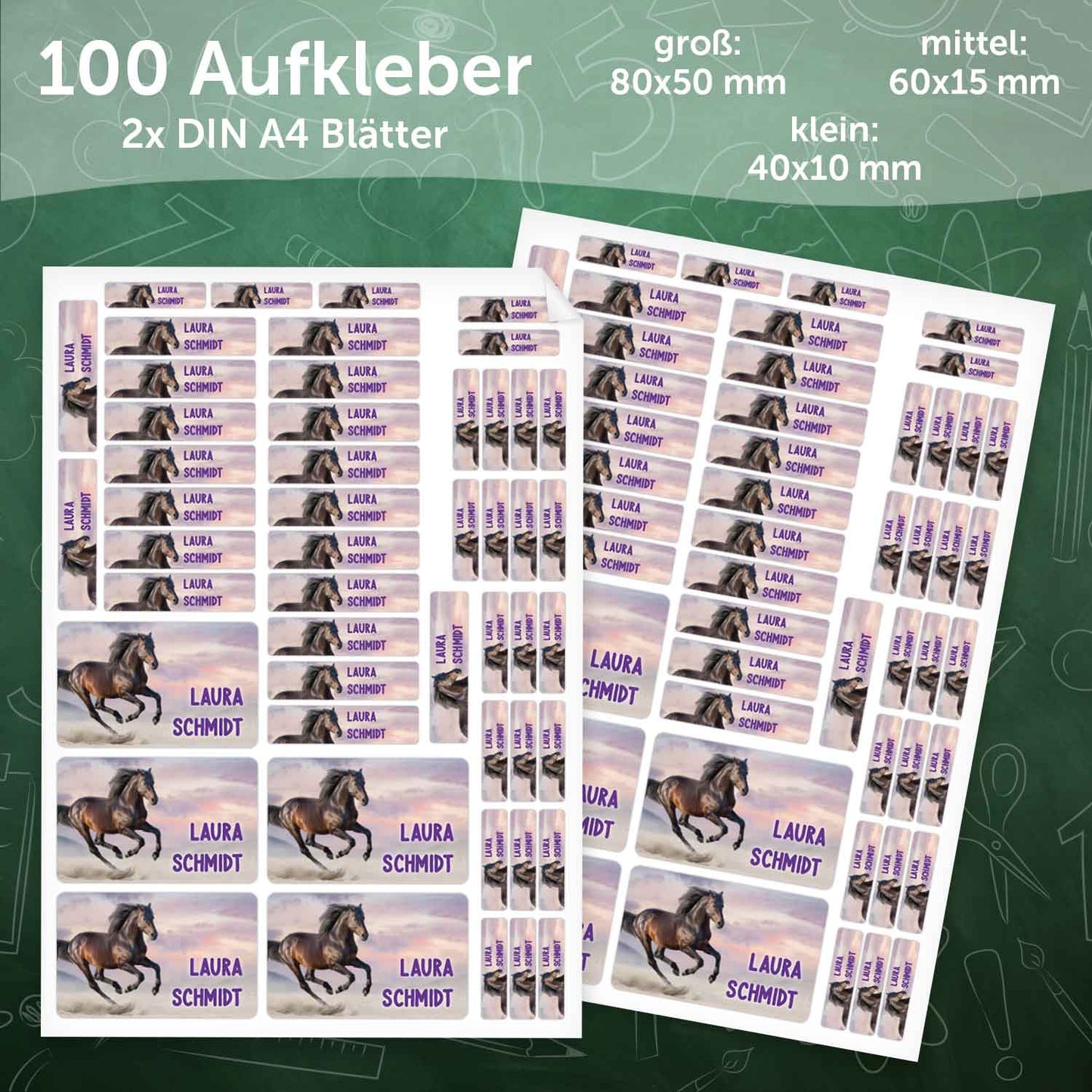 Schuletiketten mit Namen - Pferd Design - 100 Aufkleber in verschiedenen Größen
