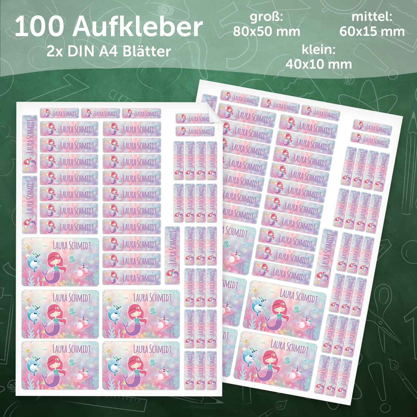 Schuletiketten mit Namen - Meerjungfrau Design - 100 Aufkleber in verschiedenen Größen