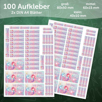 Schuletiketten mit Namen - Meerjungfrau Design - 100 Aufkleber in verschiedenen Größen