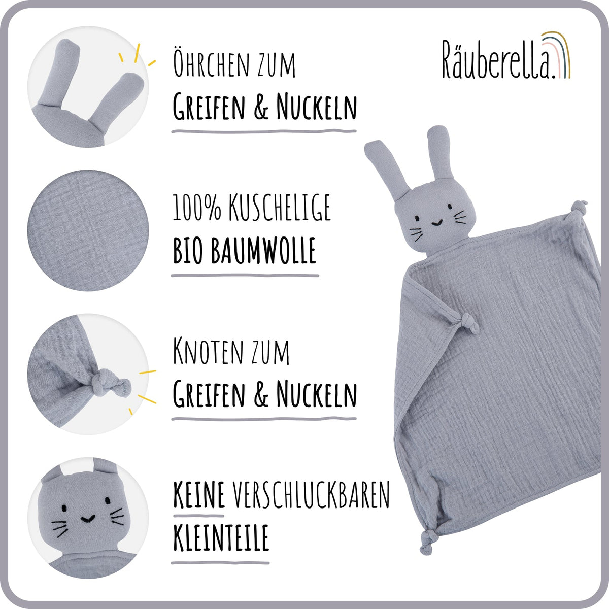Baby Geschenkset Grau-Blau – Schmusetuch Hase, Holz-Beißring & Halstuch | Musselin