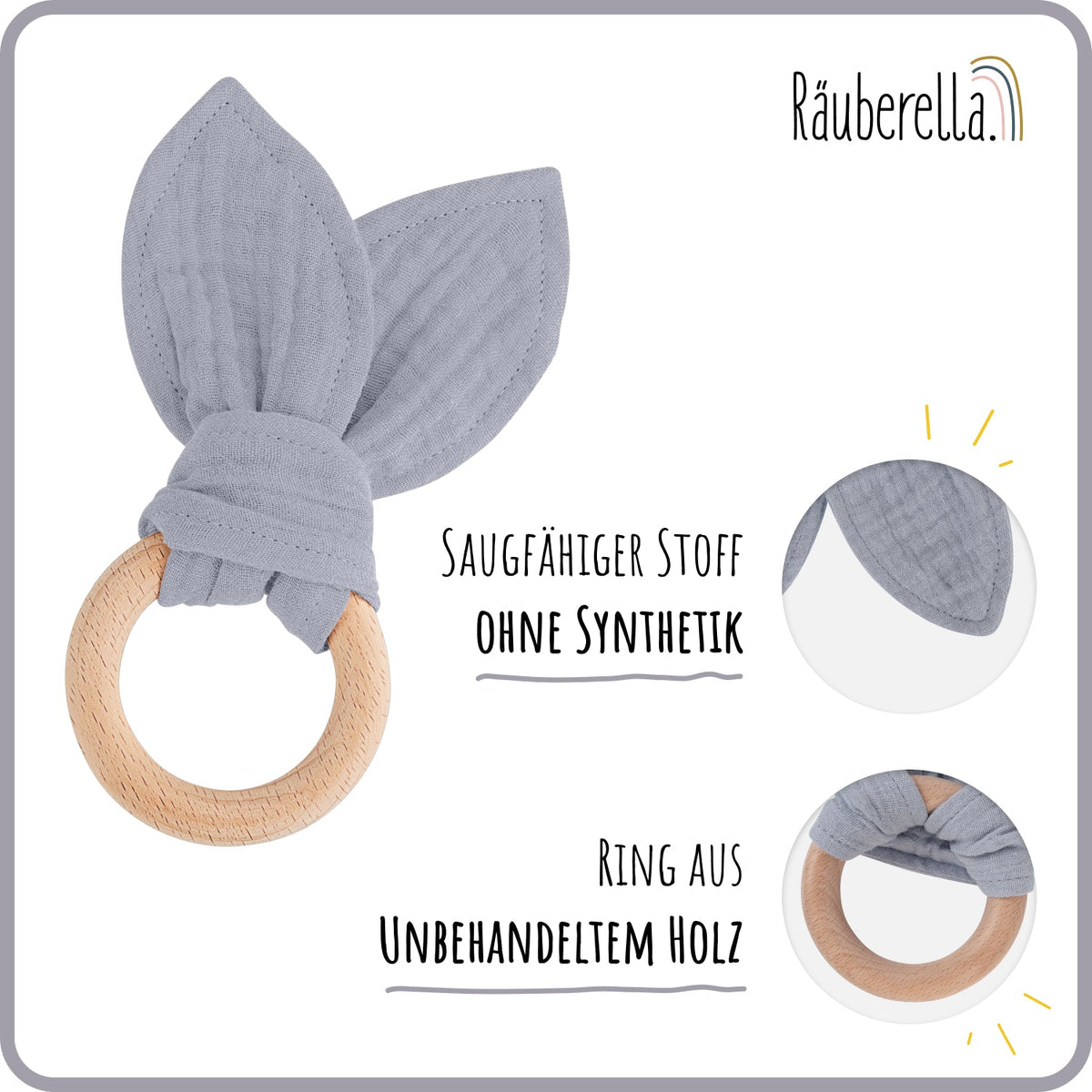 Baby Geschenkset Grau-Blau – Schmusetuch Hase, Holz-Beißring & Halstuch | Musselin