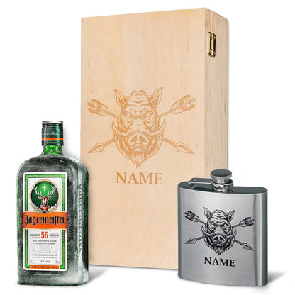 Flachmann aus Edelstahl Geschenkset - personalisiert mit Jägermeister im Set