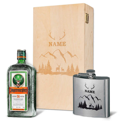 Flachmann aus Edelstahl Geschenkset - personalisiert mit Jägermeister im Set