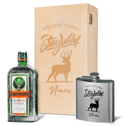 Flachmann aus Edelstahl Geschenkset - personalisiert mit Jägermeister im Set