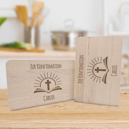 Frühstücksbrettchen mit Gravur "Konfirmation / Kommunion Bibel" mit Name