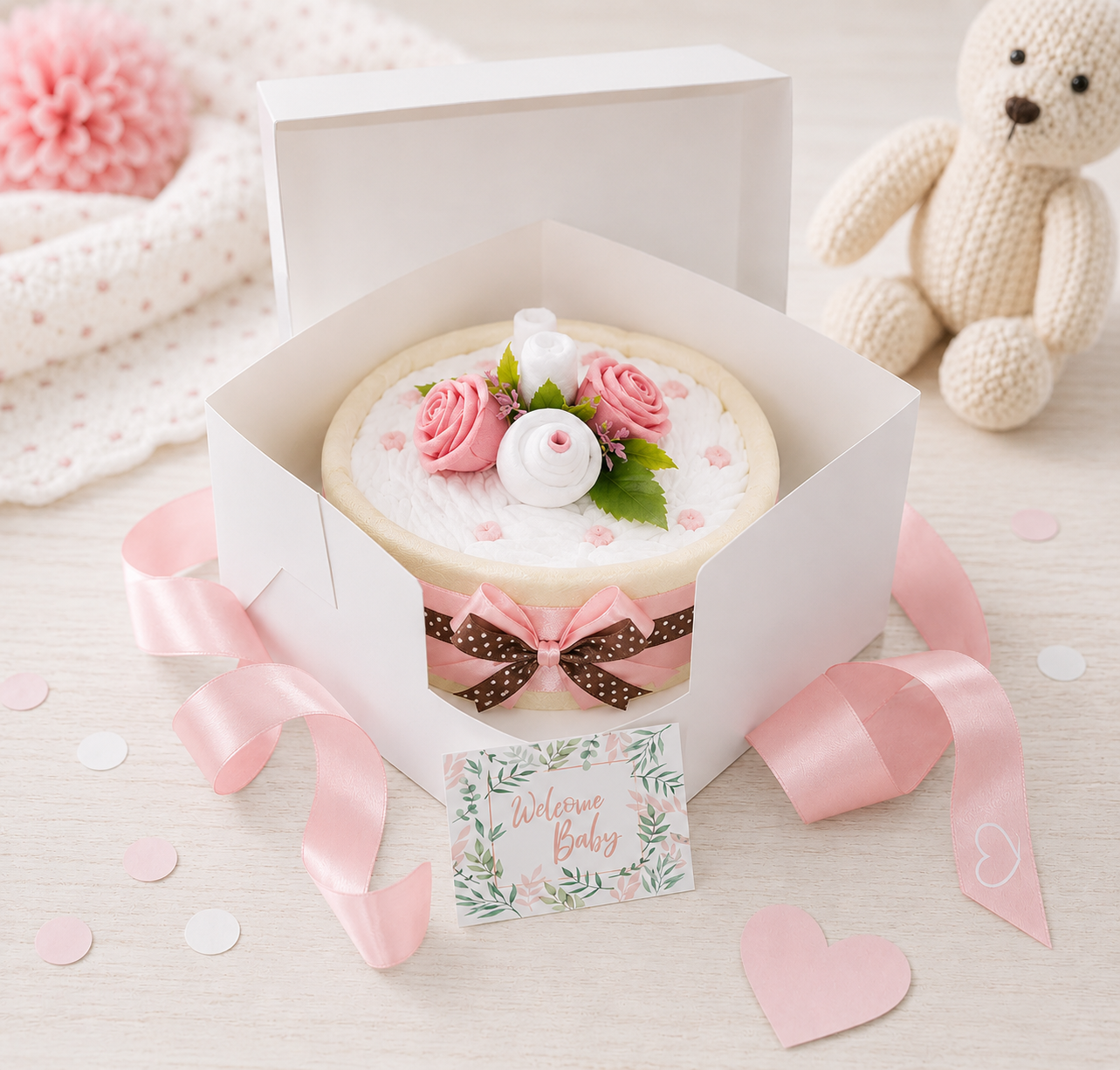 Windeltorte CAKEBOX | Geschenk zur Geburt und Babyparty rosa