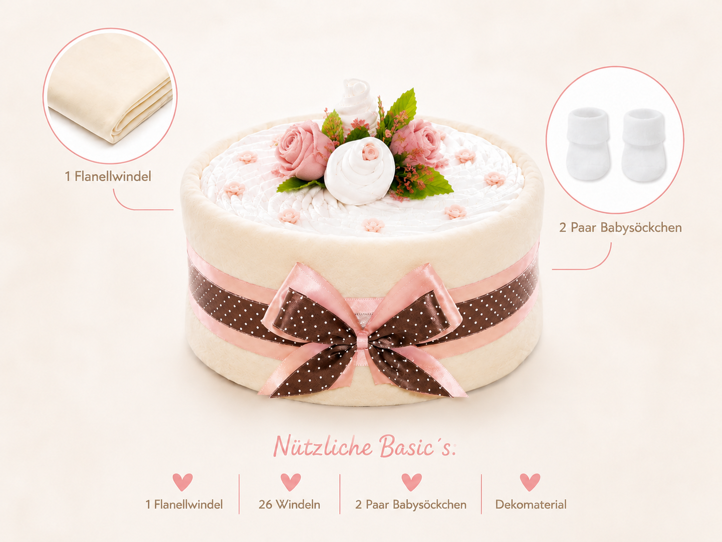 Windeltorte CAKEBOX | Geschenk zur Geburt und Babyparty rosa