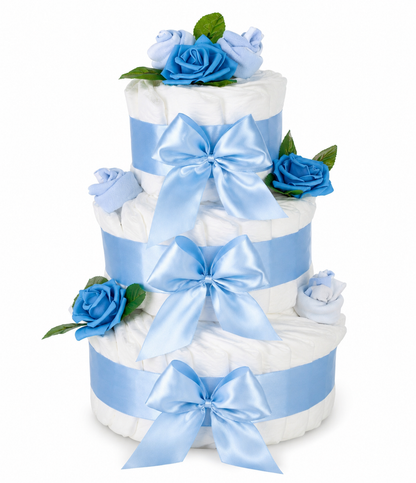 Große Windeltorte Rosenblüte | 3-stöckig blau