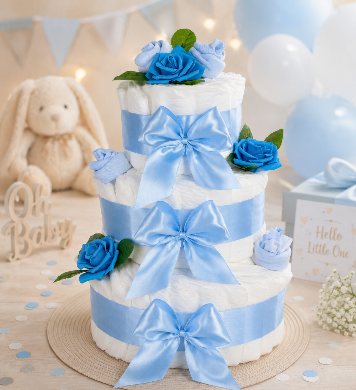 Große Windeltorte Rosenblüte | 3-stöckig blau