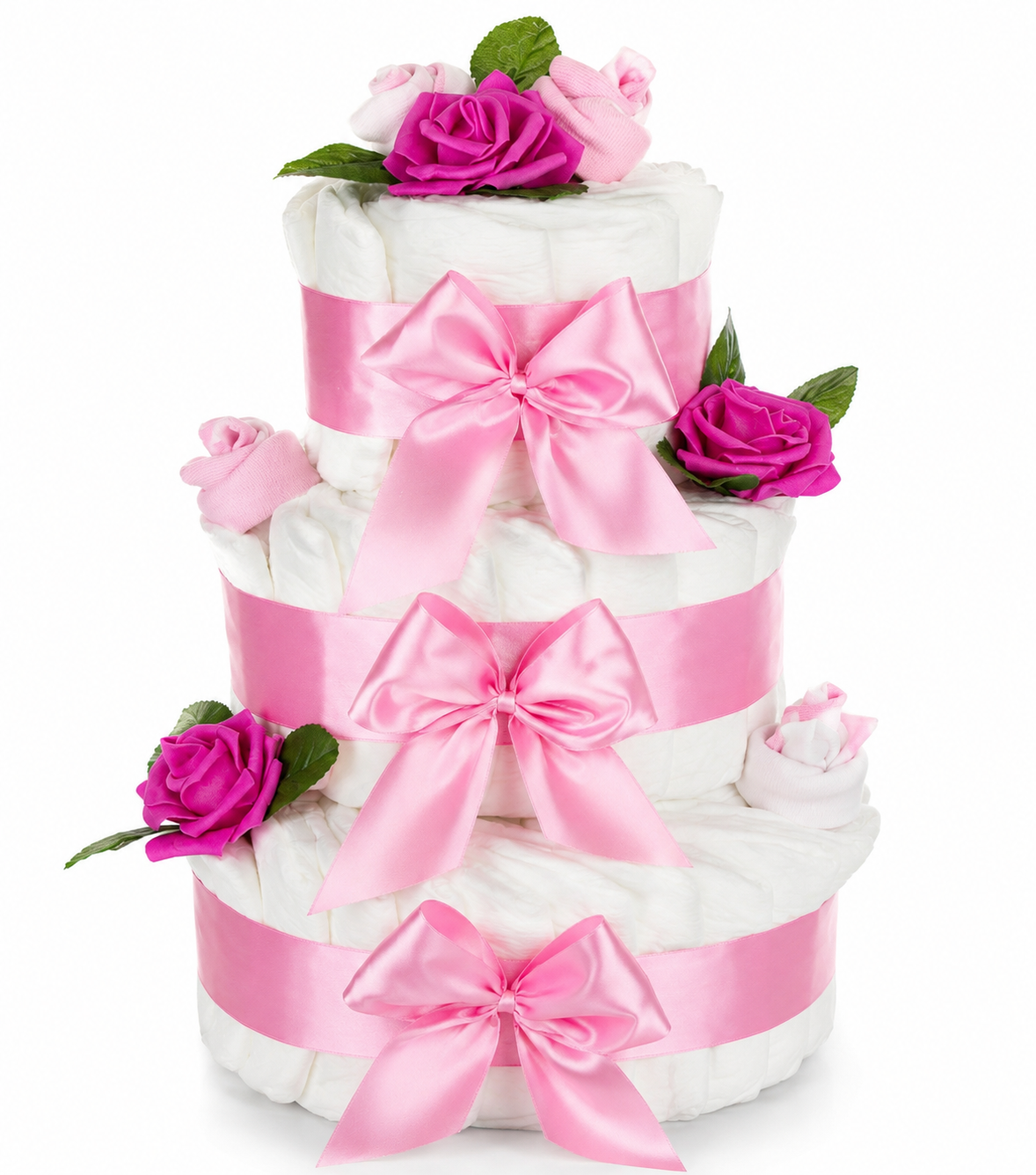 Große Windeltorte Rosenblüte | 3-stöckig rosa