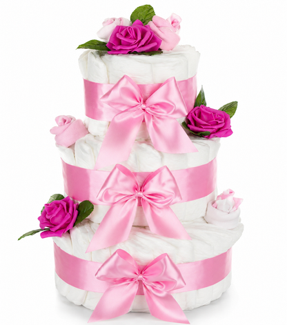 Große Windeltorte Rosenblüte | 3-stöckig rosa