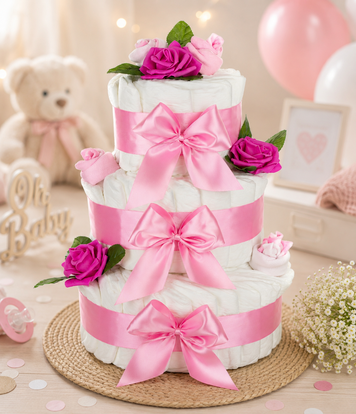 Große Windeltorte Rosenblüte | 3-stöckig rosa