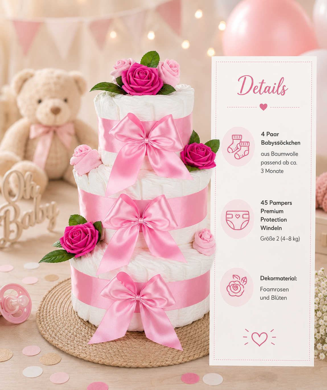Große Windeltorte Rosenblüte | 3-stöckig rosa