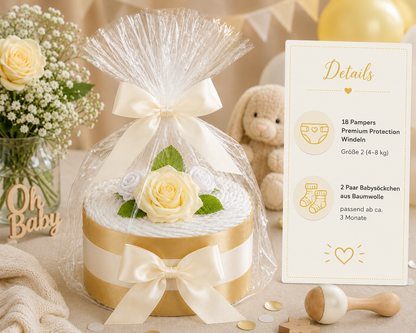Neutrale Windeltorte Rosenblüte | gold/creme
