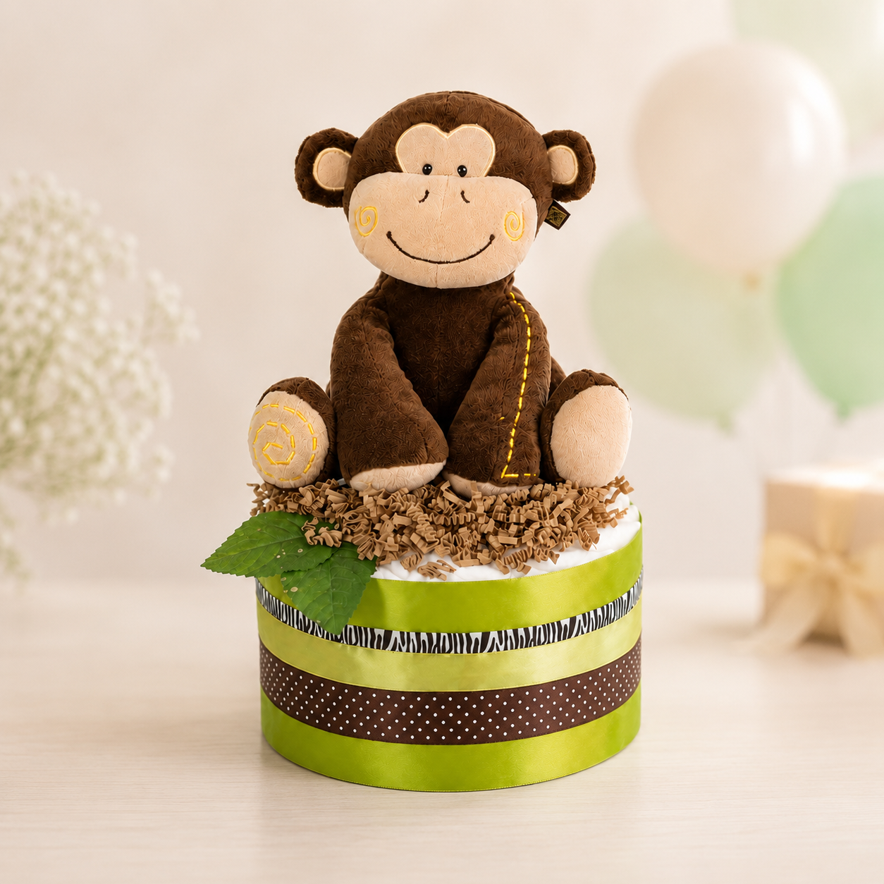 Windeltorte SAFARI mit Affen-Spieluhr - Geschenk zur Geburt